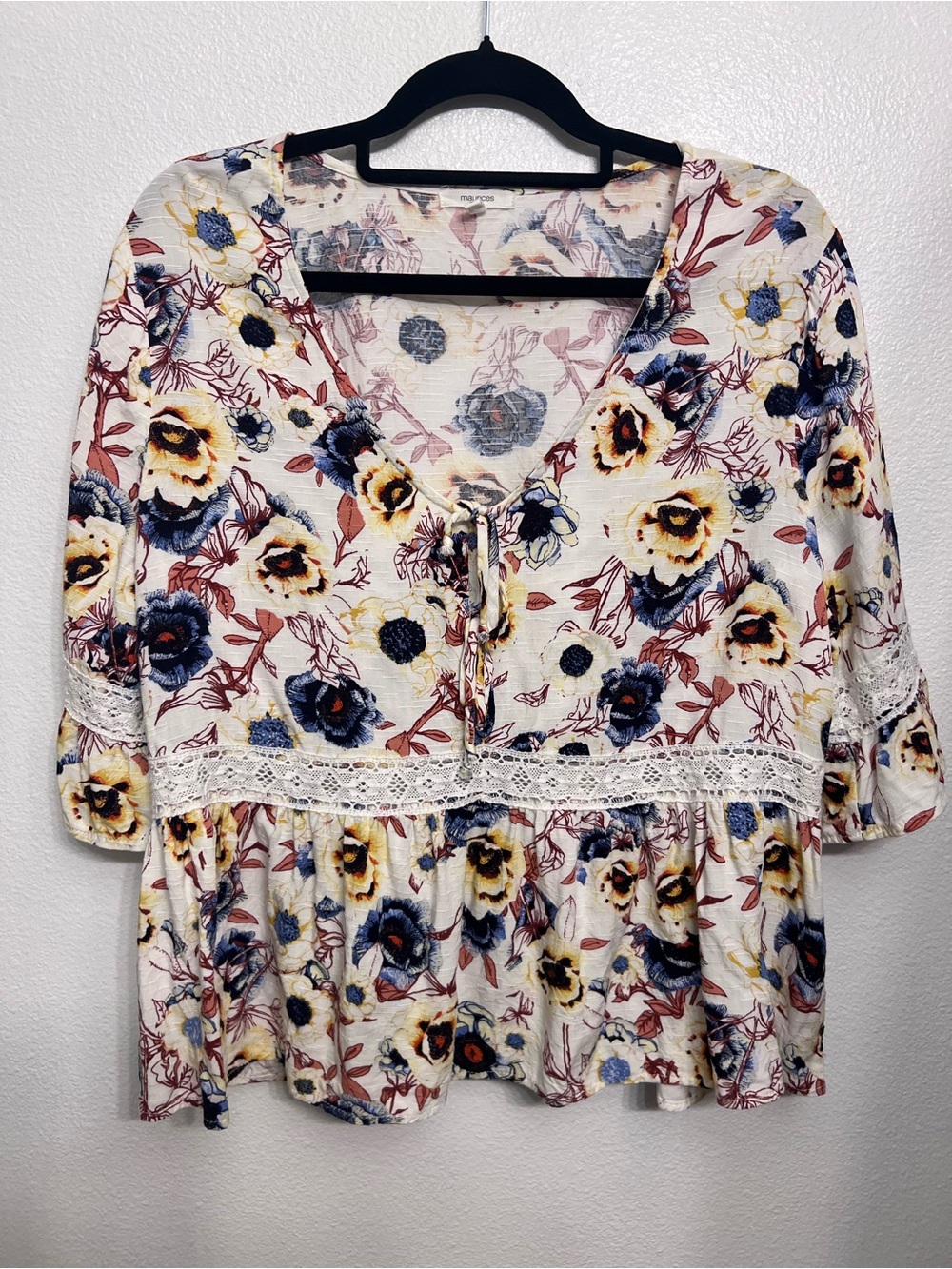 Maurices Cream Floral V-Neck Peplum Top with Lace Trim